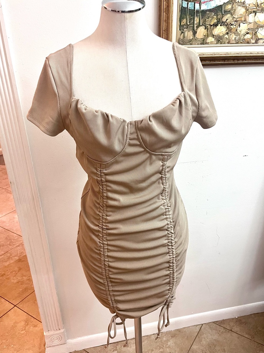 Almost Famous Tan Ruched Short Sleeve Mini Dress